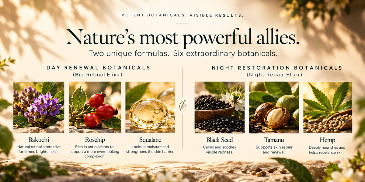 Six botanicals: bakuchi, rosehip, squalane, black seed, tamanu and hemp